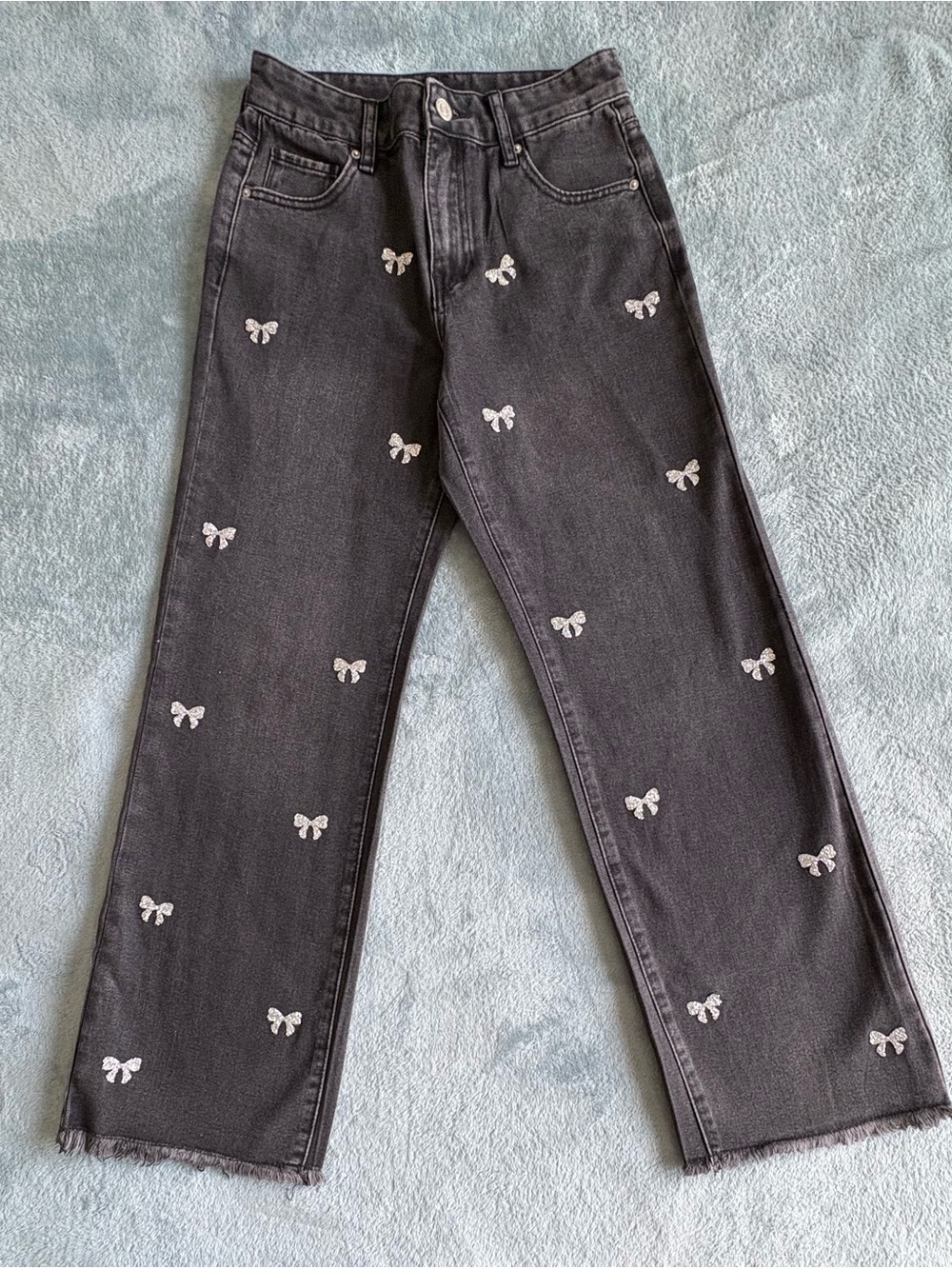 Prosperity Rhinestone Bow Wide Leg Jeans Black Raw Hem Size 26 Coquette